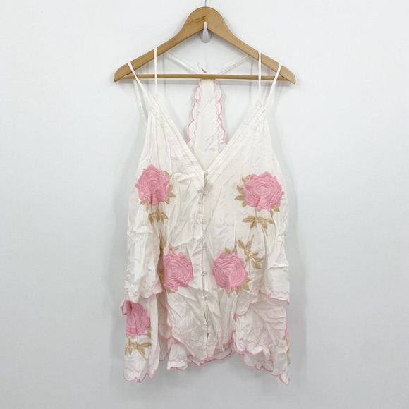 Free People Tops - Free People Tunic Women's Medium Zayda Pink White Tank Racerback Embroidered